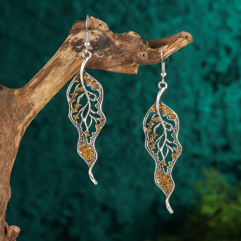 Wholesale Personalized Long Leaf Simple Inlaid AB Color Diamond Earrings